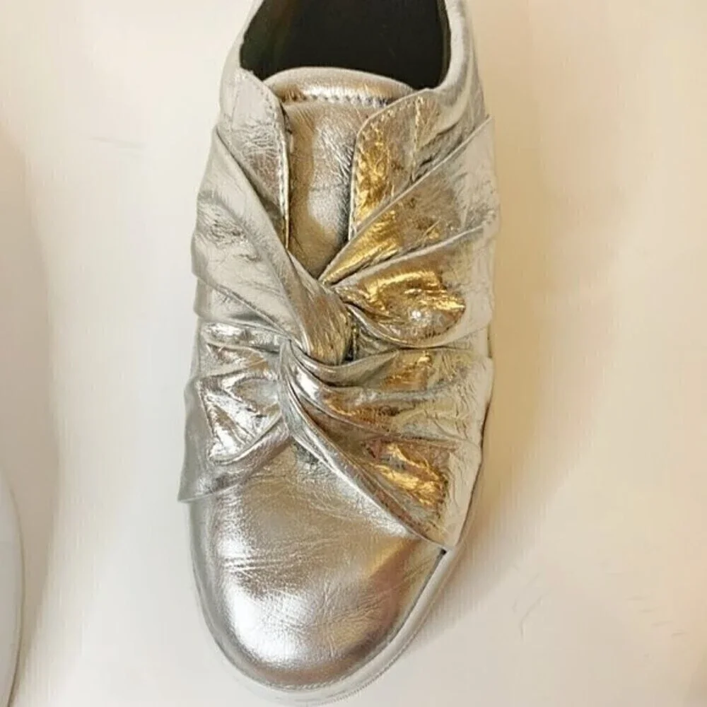 Rebecca Minkoff Nicole Silver Metallic Knot Platform Comfy Slip On Sneakers
